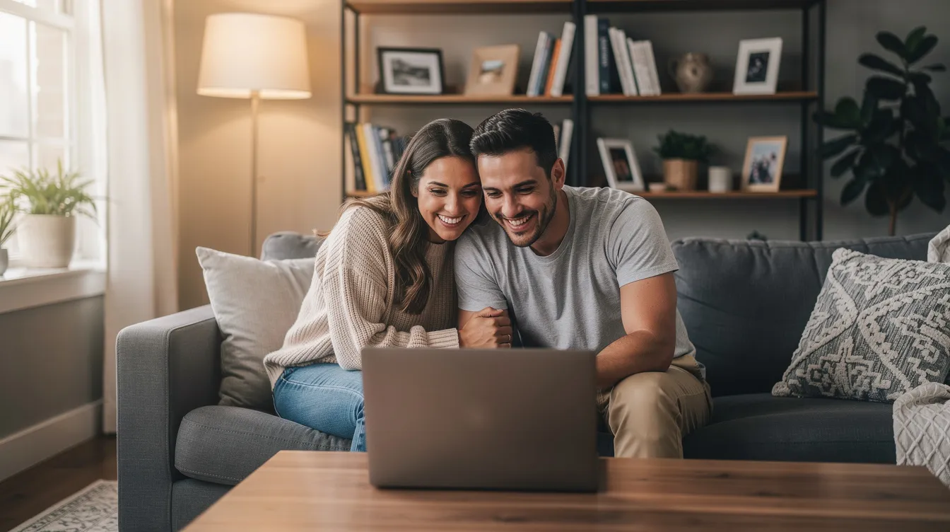 A happy couple is seated in their cozy living room, both engaged with a laptop and smiling at each other, surrounded by natural light filtering through the windows. The scene captures a moment of joy and connection as they explore options for home customization, possibly discussing energy-efficient products and designs.