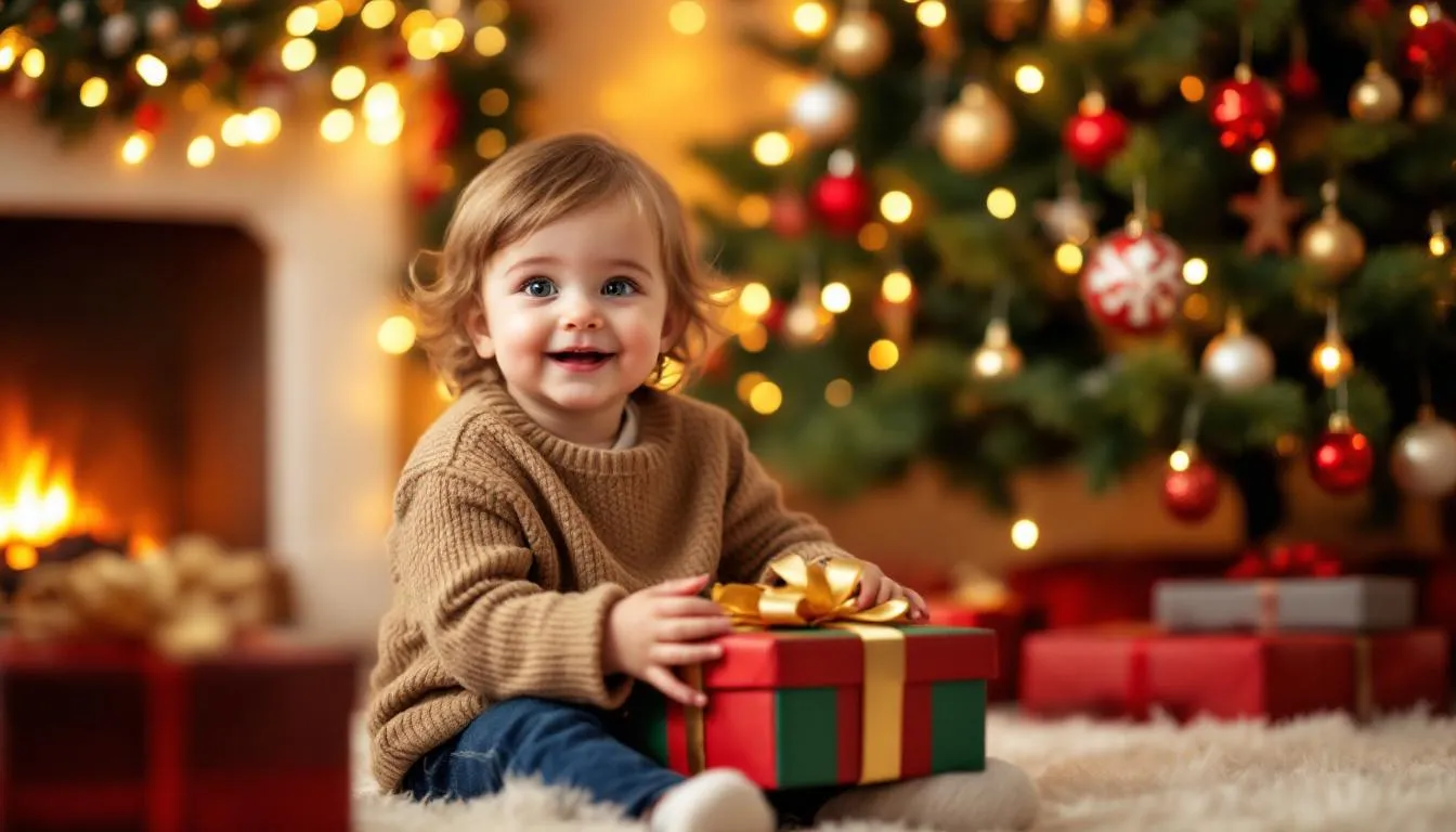 A joyful child full of life is sitting on the floor during the holiday season, human joy, confirm your holiday celebrations and order stocking stuffers as soon as possible