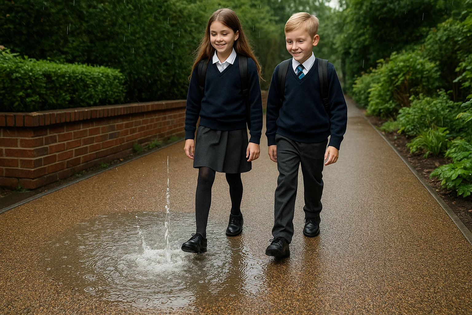 Water draining through a resin bound surface with children walking safely on it.