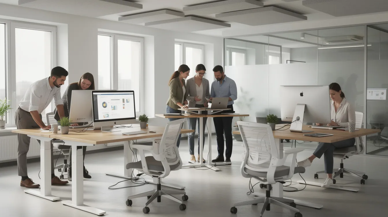 The image depicts a calm and organized modern office workspace where people are collaborating at standing desks, emphasizing effective communication and teamwork. This setting reflects the principles of systems analysis, showcasing how the design of the workspace can enhance workflow and support the overall performance of the organization.