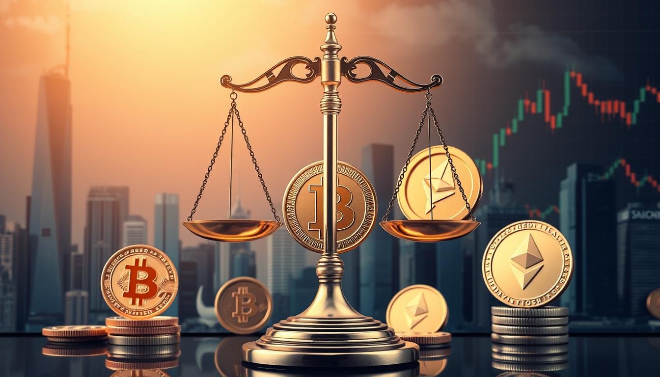 ميزان وحوله عملات رقمية مثلُ بيتكوين وإيثريوم على خلفية مخطط بياني وأبنية