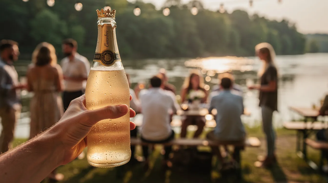 A hand is holding a crown-capped bottle of hazy sparkling wine, showcasing its natural bubbles, at an outdoor gathering near a river. The scene captures the refreshing and enjoyable essence of pét nat wines, inviting guests to savor the unique flavors of this traditional sparkling wine.