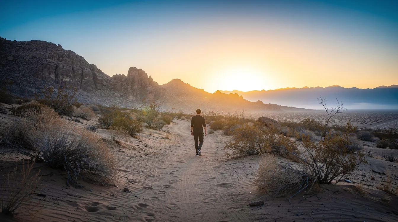 A solitary figure walks along a narrow desert trail at dawn, bathed in soft golden light that hints at the promise of a new day. This scene evokes the spiritual journey of the Israelites, who wandered in the wilderness for forty years, seeking the promised land and reflecting on sacred scripture.
