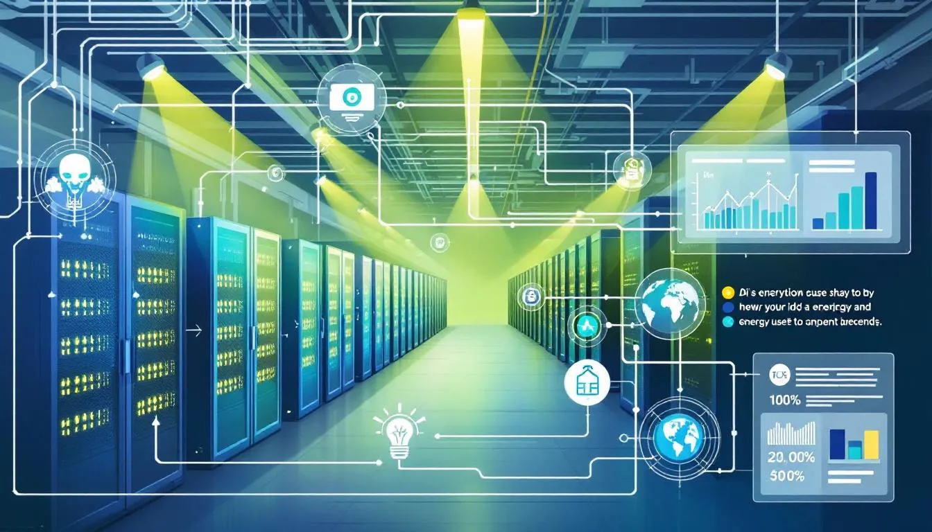 In this image, a conceptual illustration depicts the increasing energy consumption associated with artificial intelligence, highlighting data centers and their significant electricity demand. The visual emphasizes the need for energy efficiency and renewable energy sources to mitigate the environmental impact and carbon emissions linked to AI's growing energy use.