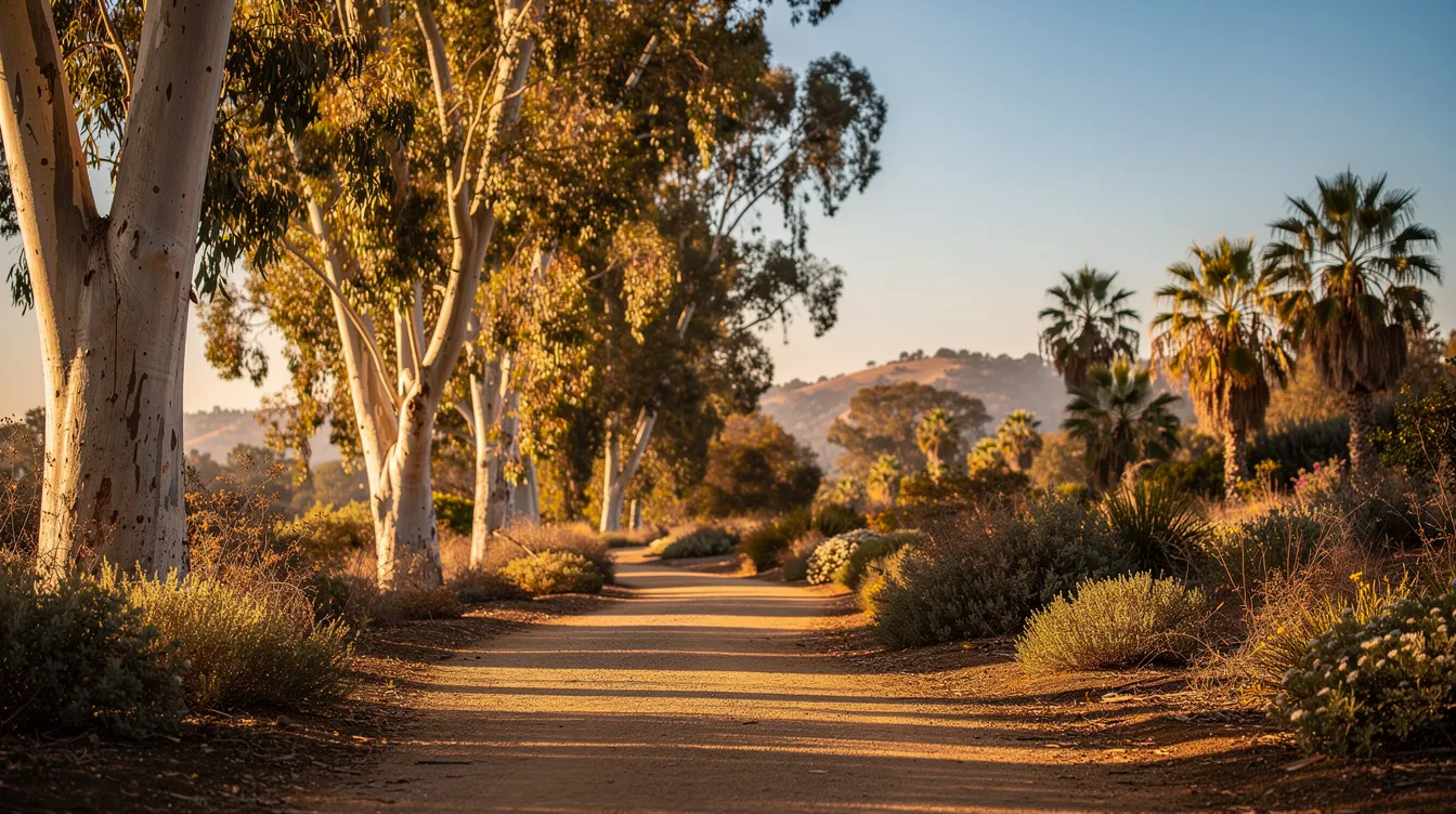 The image depicts a serene pathway winding through tall trees in Southern California, creating a tranquil atmosphere perfect for reflection and relaxation. The lush greenery and dappled sunlight invite visitors to enjoy nature, away from the pressures of urban life.