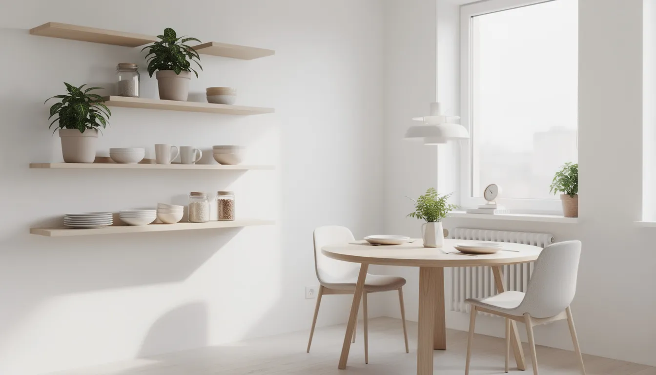 Een minimalistische eethoek met een ovale eettafel en stoelen, omringd door wandplanken vol met planten en servies. Deze gezellige ruimte is perfect voor intieme diners en biedt een ruimtelijk effect in een compacte woonkamer.