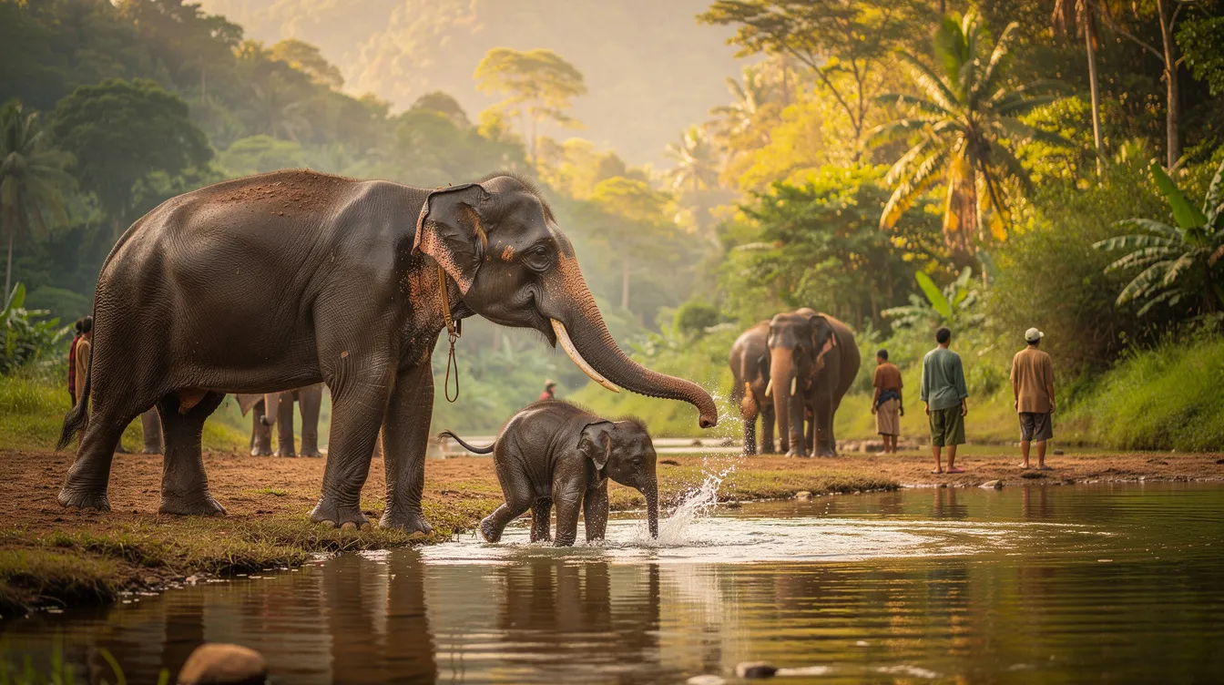 Imagem de um santuário de elefantes na Tailândia, onde turistas interagem com os animais em um ambiente natural e tranquilo. Ao fundo, pode-se ver a vegetação exuberante e um céu azul, criando uma atmosfera relaxante e acolhedora.