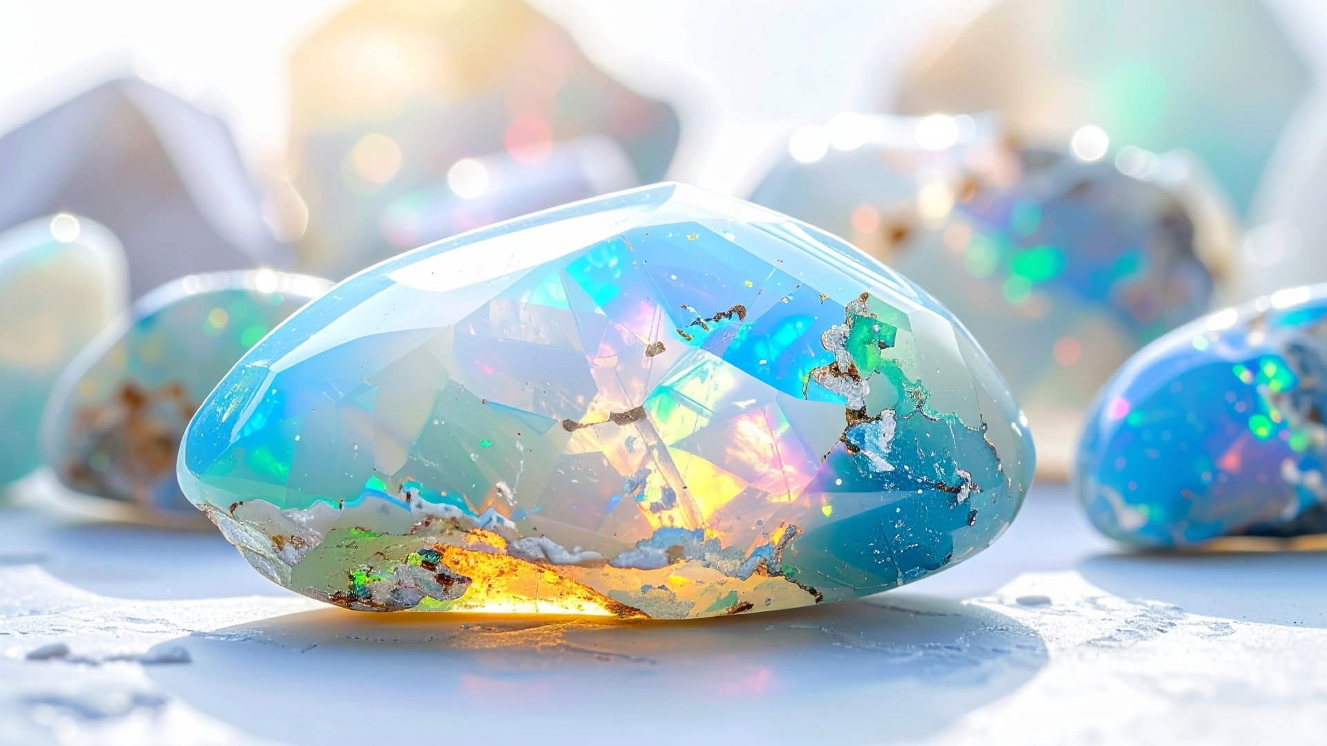 Highlighting the unique play-of-colour and iridescence of opal pendants to visually demonstrate their mesmerizing rainbow flashes.