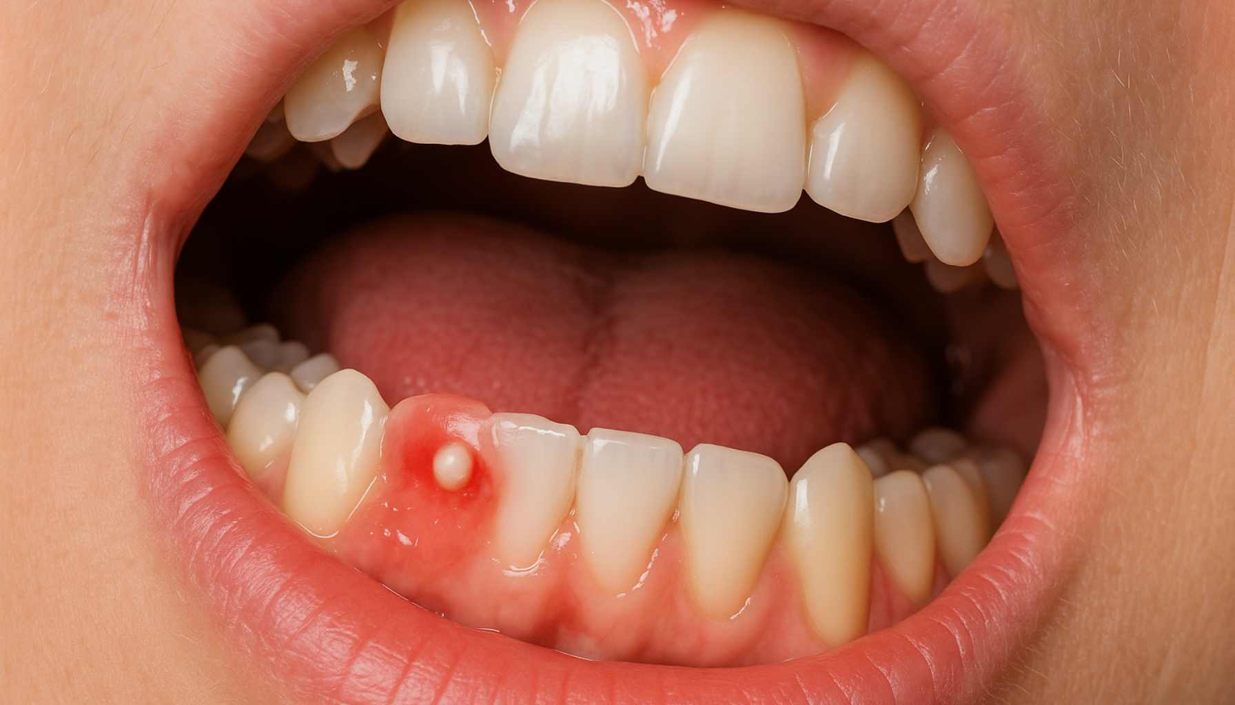 Nærbilde av tannkjøtt med fistel som viser rød hevelse og hvit infeksjonsutgang over tannrøtter.
