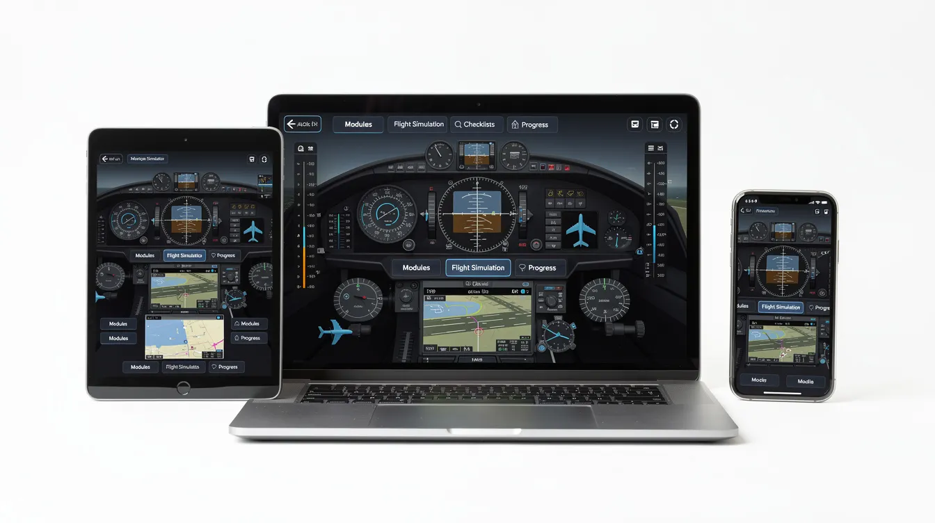 The image features a laptop, tablet, and smartphone, all displaying the same aviation training interface, emphasizing the convenience of accessing an online ground school for instrument rating at one's own pace. This setup illustrates how students can prepare for the FAA knowledge test and flight training using various mobile devices.