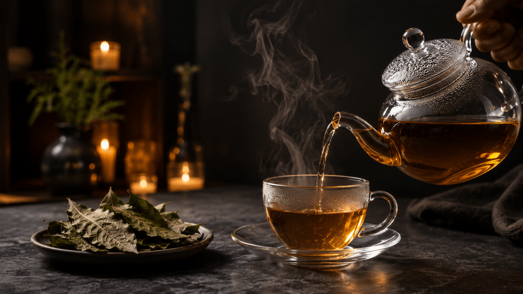 A soothing mid-pour shot of steaming golden amber herbal tea next to clean dried whole soursop leaves, perfectly showcasing soursop tea for relaxation in an evening wind-down routine.