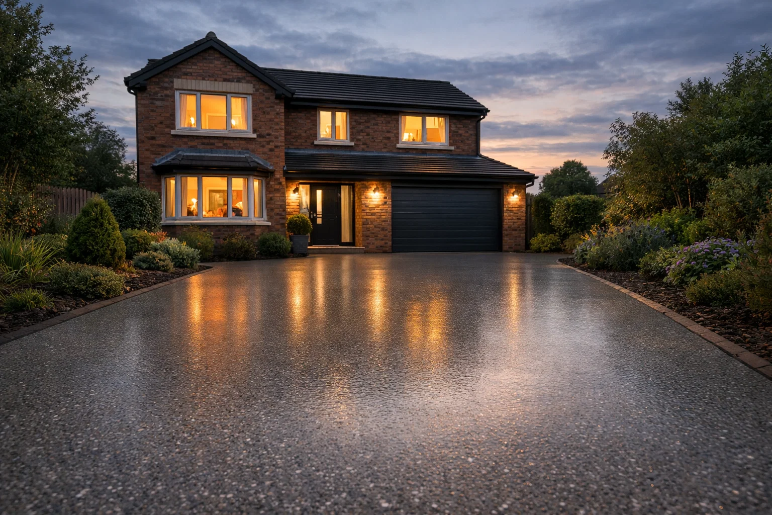 Finished resin bound driveway outside Manchester home at dusk showing smooth durable surface.