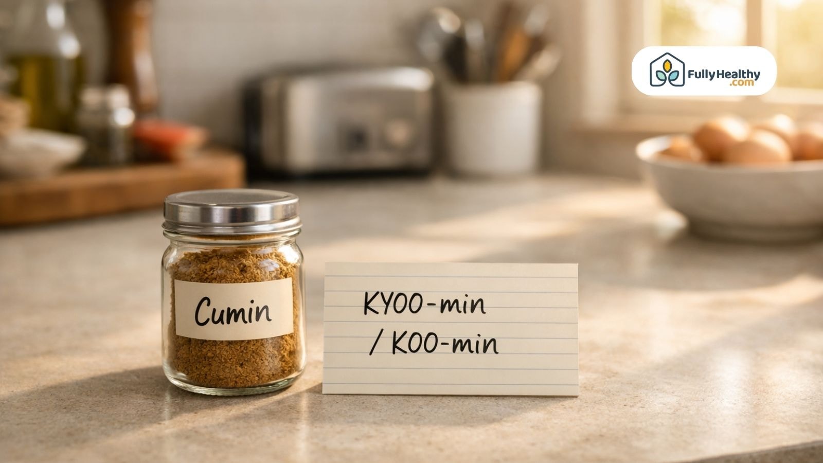 Glass jar of cumin with KYOO-min KOO-min card