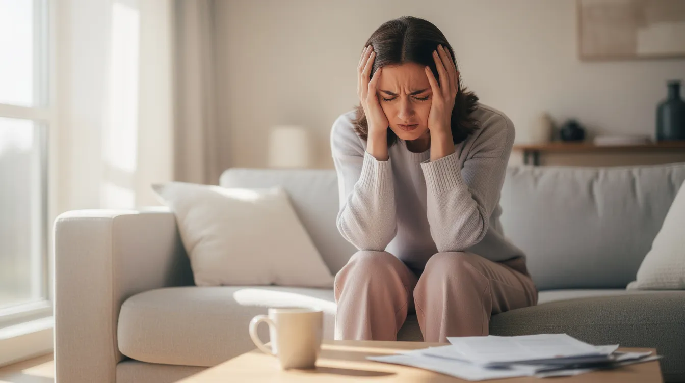 Une femme assise dans un salon lumineux se tient la tête avec une expression de douleur, illustrant les symptômes d'une crise de migraine, potentiellement liée aux fluctuations hormonales de son cycle menstruel. Cette image évoque les maux de tête fréquents chez certaines femmes, particulièrement durant l'ovulation ou avant les règles.