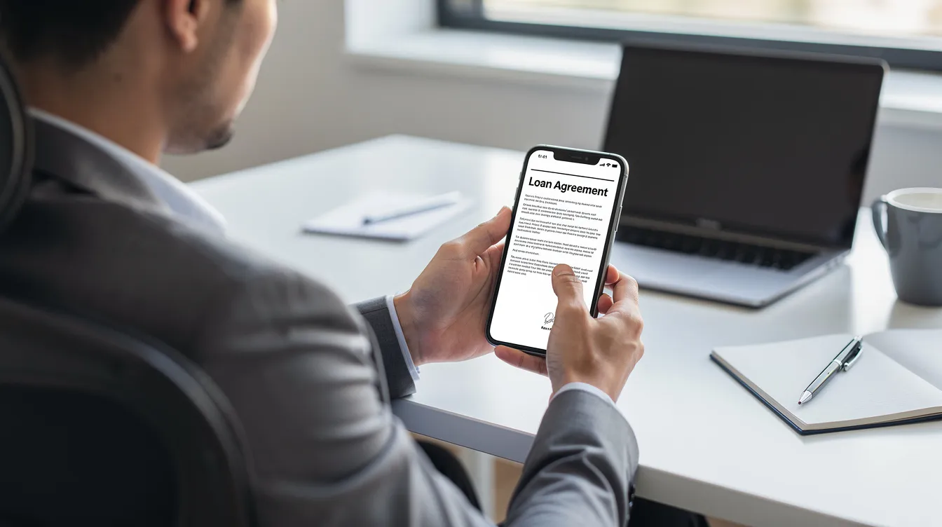 A person is seated at a desk, intently reviewing a loan contract displayed on their smartphone screen, which likely contains details about the loan amount, interest rate, and repayment terms. The setting suggests a focus on personal finance, possibly related to online loans or financial products.