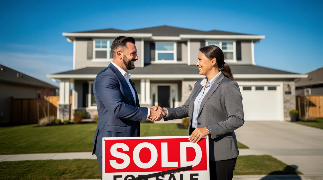 An investor is shaking hands with a real estate agent in front of a residential property displaying a "sold" sign, symbolizing a successful transaction in the Georgia real estate market. This image reflects the importance of property cash flow and rental income in real estate investments, especially for Georgia DSCR loans.