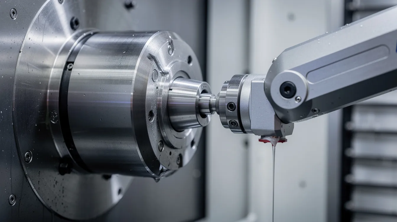 The image shows a close-up view of a CNC spindle equipped with an HSK toolholder, as it is being loaded by an automatic tool changer. This setup is part of the CNC machining process, highlighting the precision and efficiency of modern CNC technology in manufacturing.