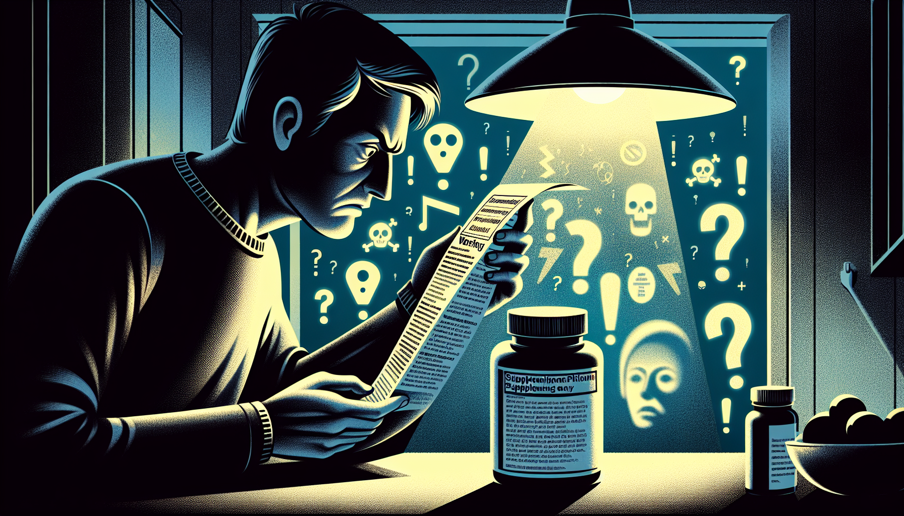 An artistic representation of potential side effects and precautions for supplements.