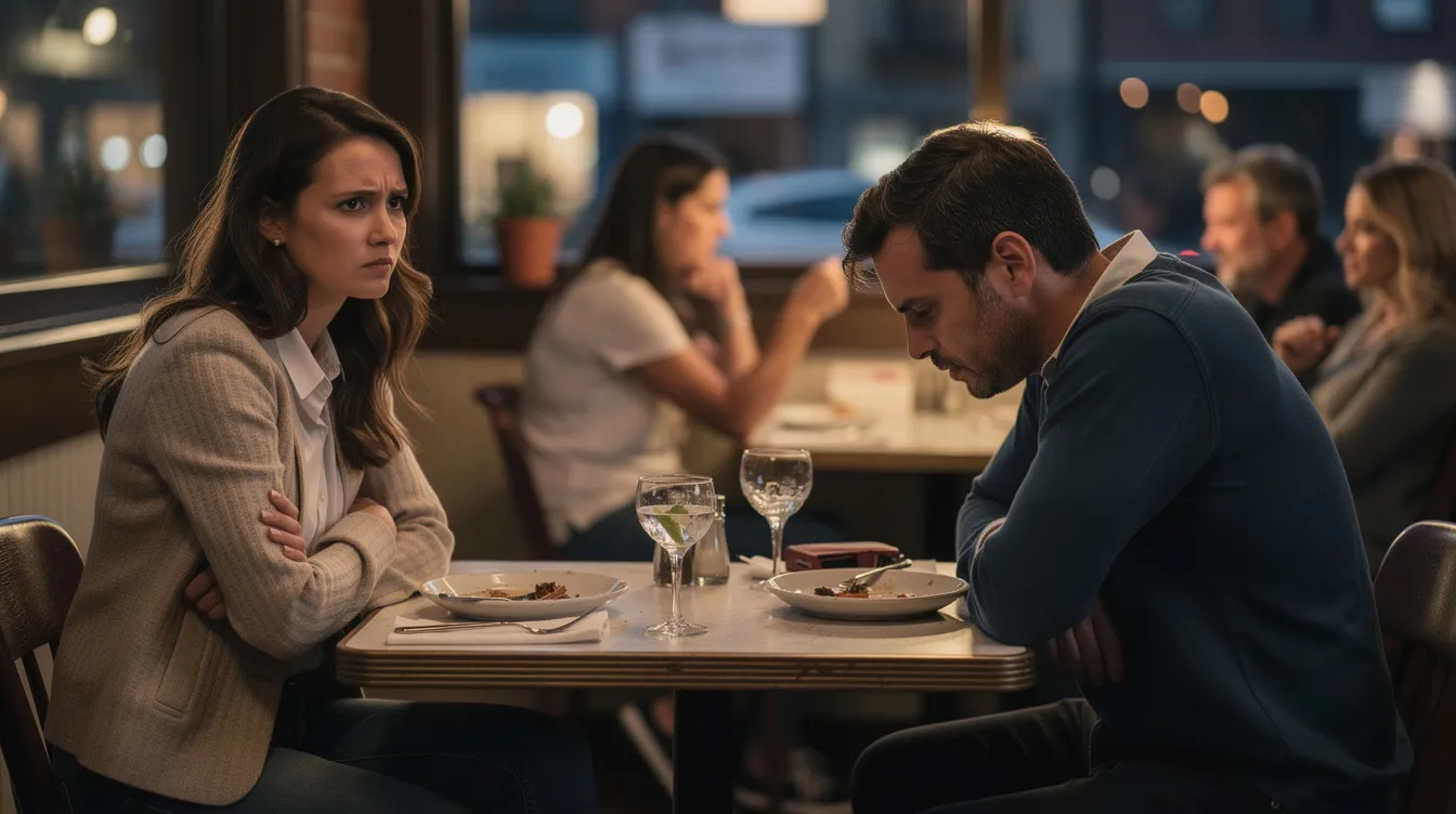 The image depicts a couple sitting across from each other at a restaurant, both looking unhappy and disengaged, highlighting the reality that not every first date leads to a successful relationship. Their body language suggests a lack of emotional connection and compatibility, emphasizing the importance of shared values and interests in finding the right match for a long-term partnership.