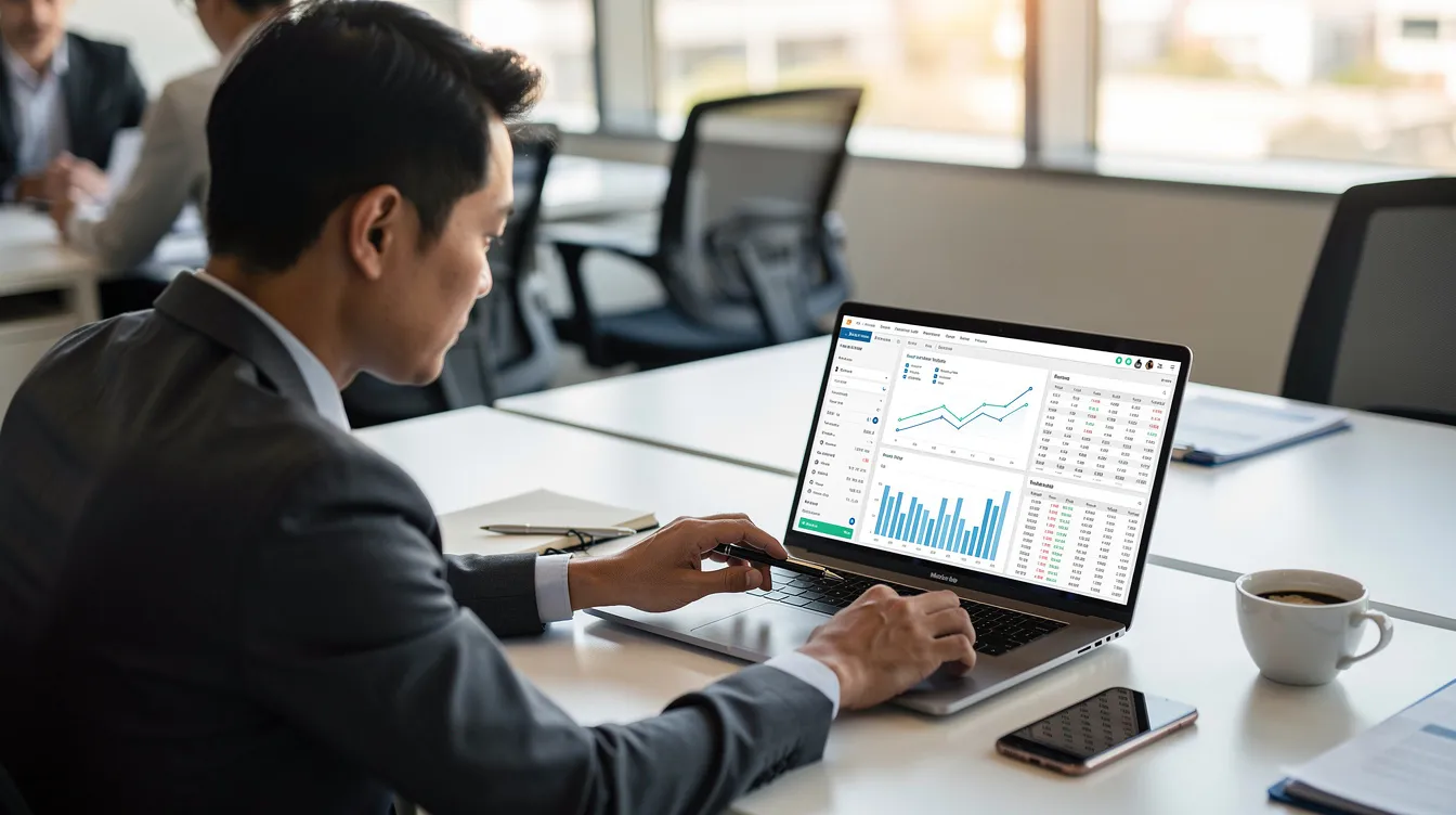A professional, likely a 公務員, is seated at a desk in an office environment, using a laptop to review financial data. The scene conveys a sense of focus and diligence, possibly involving topics like low interest loans and repayment terms.