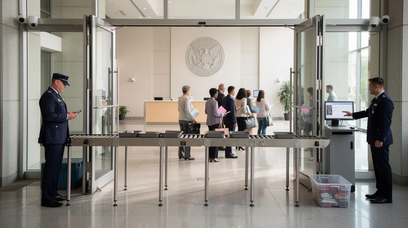 The image shows the entrance of a government building, where security personnel monitor individuals passing through metal detectors. This scene emphasizes the importance of public safety and adherence to gun laws, particularly in relation to carrying concealed weapons and firearm regulations.