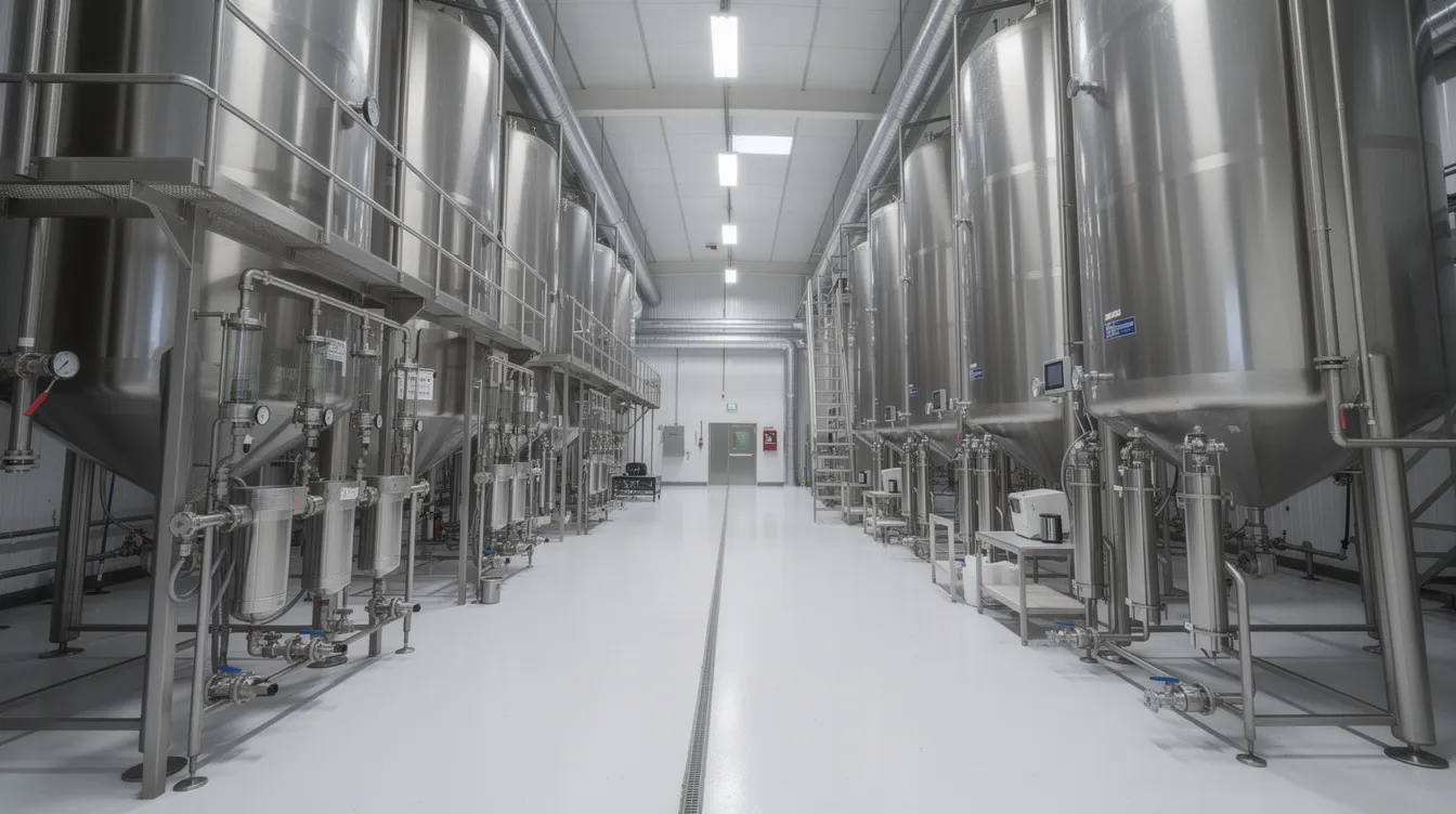 The image depicts the interior of a large stainless steel dairy processing facility, featuring numerous tanks, extensive piping, and advanced filtration equipment essential for whey protein production. This modern whey processing plant is designed to handle raw materials and ensure high-quality standards in the manufacturing process of whey protein concentrate and other dairy products.