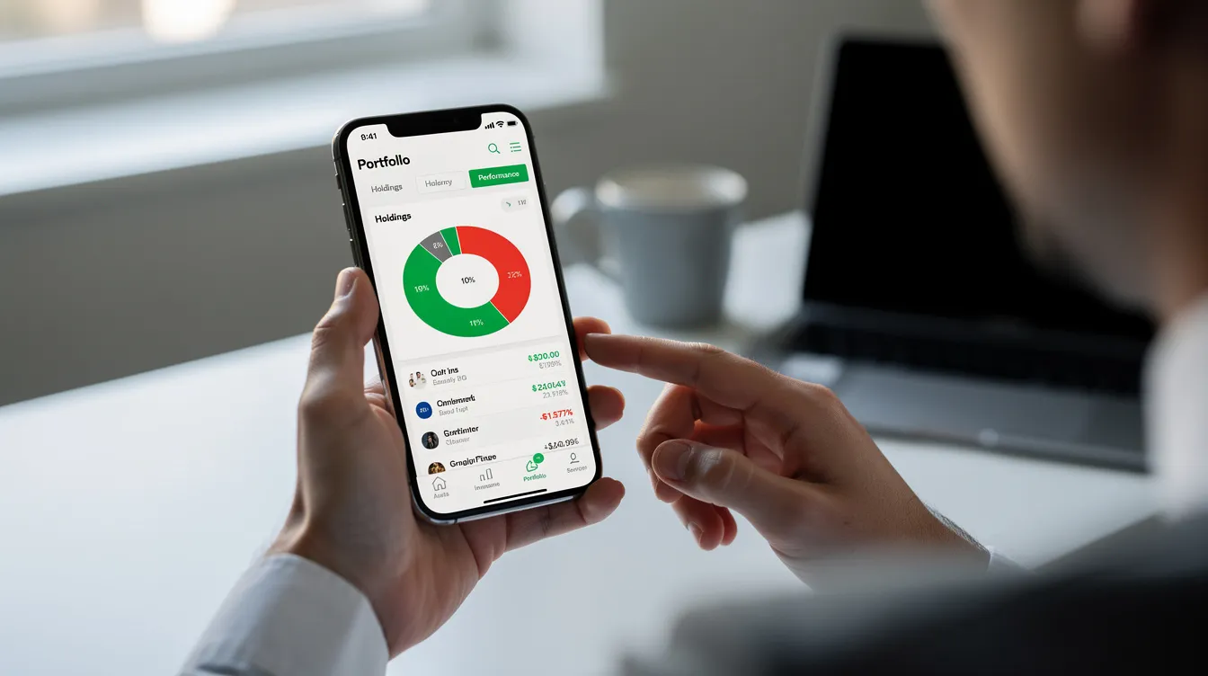 A person is using a smartphone to review various investment portfolio options on a financial app, focusing on retirement savings strategies such as Roth IRA contributions and traditional IRA alternatives. The screen displays information about tax-free growth potential and contribution limits, highlighting the importance of managing retirement accounts effectively.
