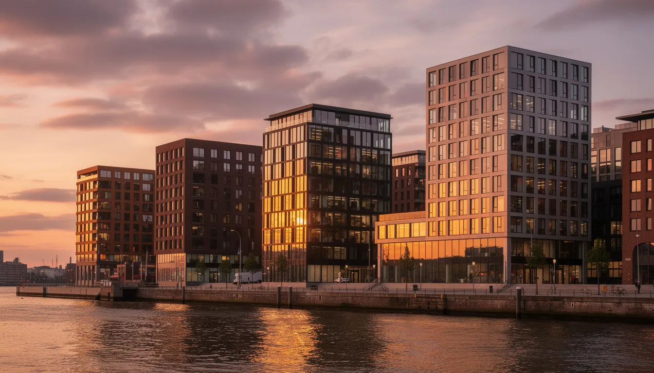 Das Bild zeigt moderne Hochhäuser in der Hamburger HafenCity, die in warmen Farben des Sonnenuntergangs erleuchtet sind. Die Architektur der Gebäude spiegelt den zeitgenössischen Stil wider und bietet einen beeindruckenden Blick auf die Umgebung des Hafens.