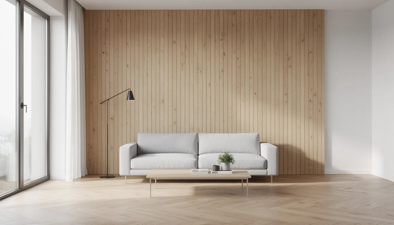 Een lichte woonkamer met houten wandpanelen van vloer tot plafond achter een moderne bank, die een rustgevende sfeer creëert. De verticale lijnen van de panelen en de zachte stoffen van de bank zorgen voor een uitnodigende uitstraling in de ruimte.