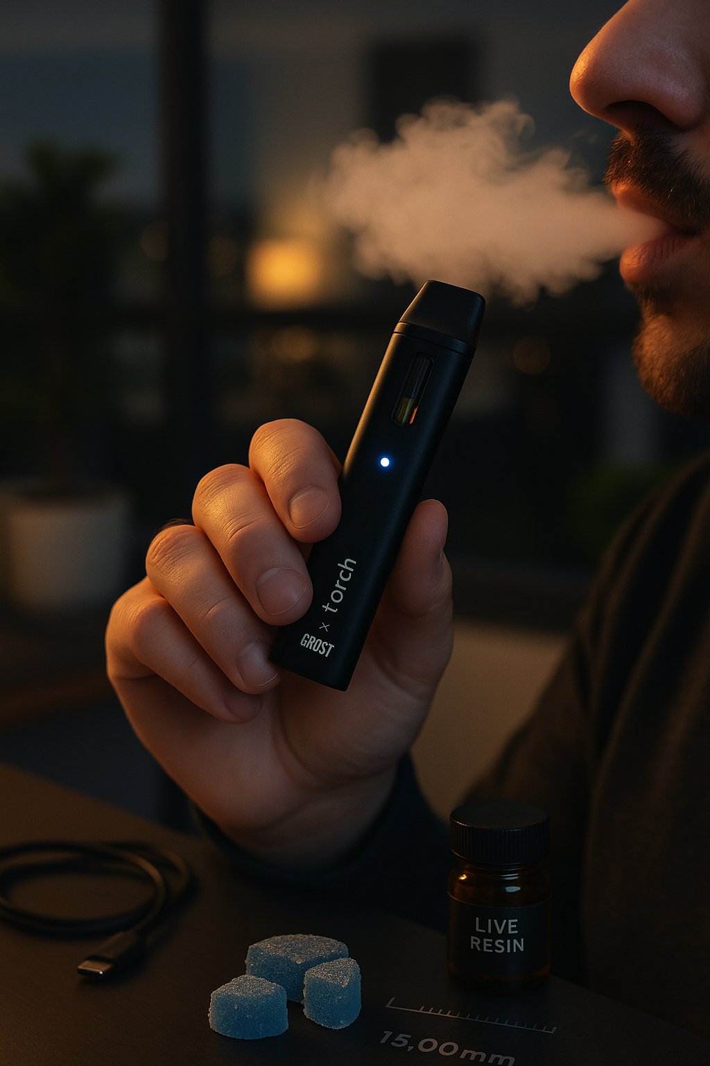 Hand holding a Torch x Ghost vape pen mid-use with visible vapor, ambient nighttime setting, and details like USB-C cable and live resin jar nearby.