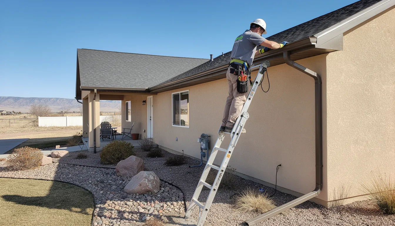 A professional gutter technician is inspecting the drainage system on a home in Pueblo, Colorado, focusing on the gutters and downspouts to ensure proper water flow and prevent leaks. The technician is equipped with tools for gutter maintenance, highlighting the importance of regular inspections to avoid costly repairs and potential water damage.