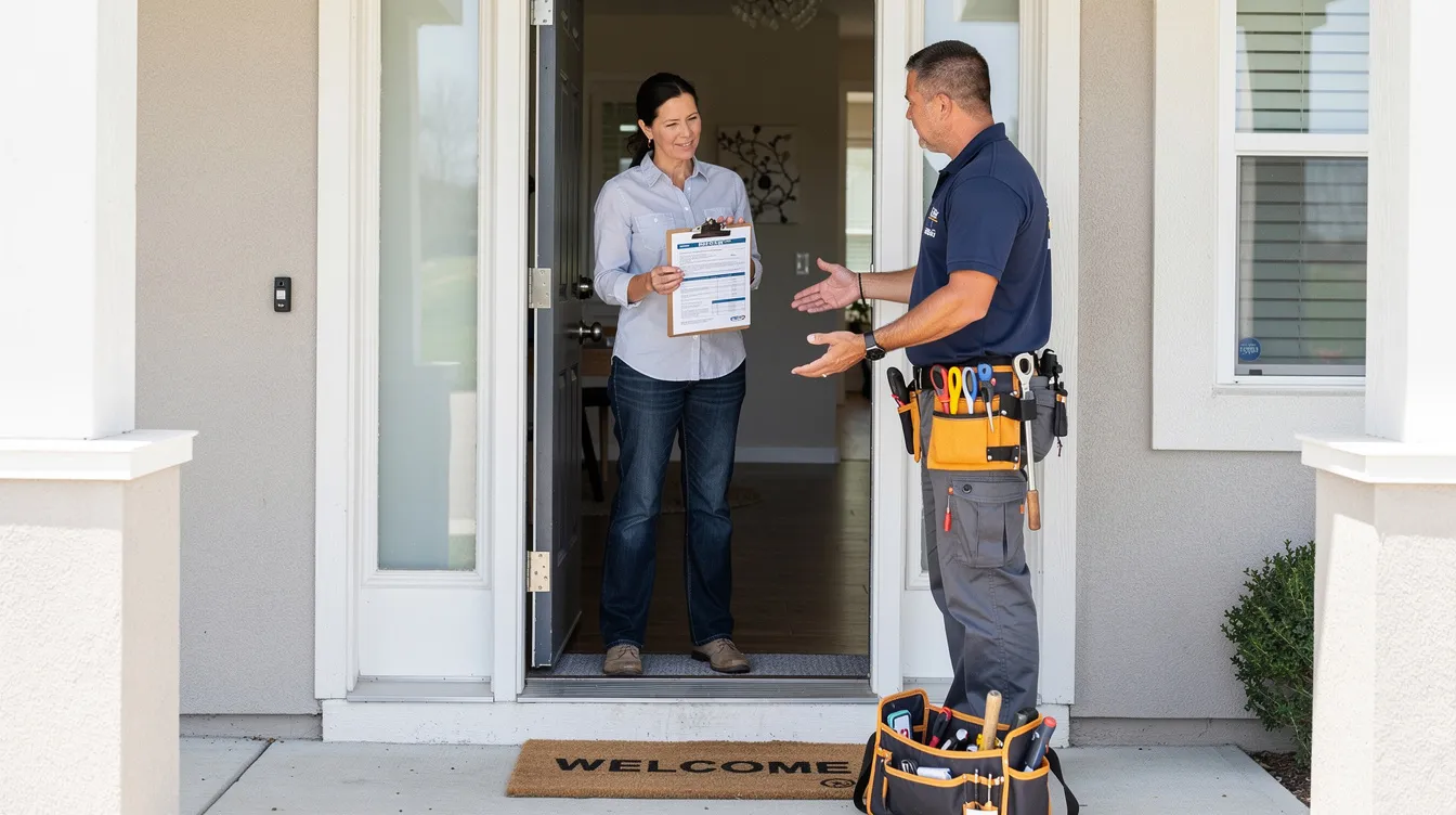 A homeowner stands at a residential doorway, reviewing a clipboard document with a licensed plumber, who is discussing plumbing repairs and providing an estimate for potential plumbing issues. The scene captures the professional interaction, highlighting the importance of hiring insured experts for effective solutions to problems like clogged drains and leaky faucets.