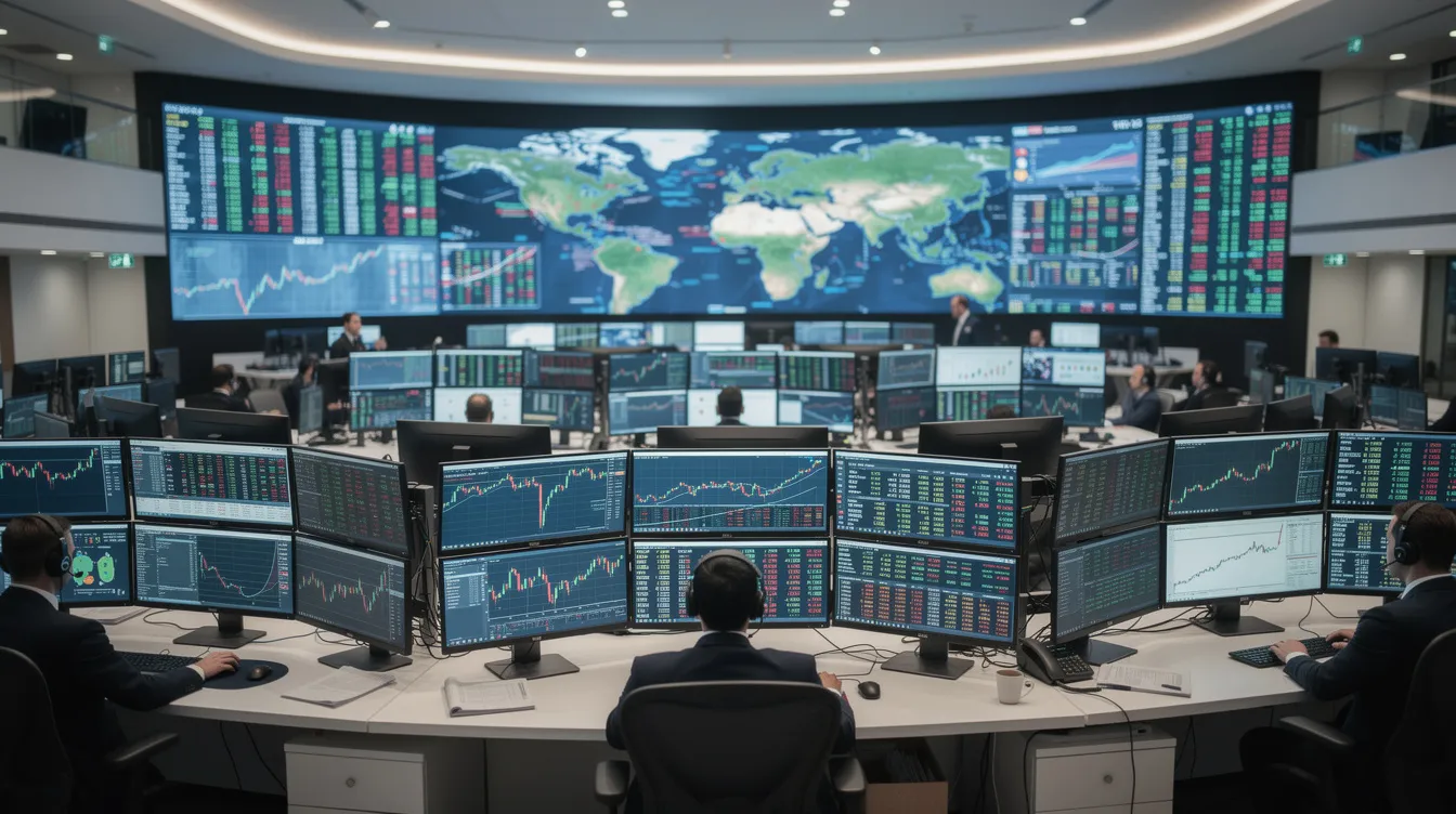The image depicts a bustling financial trading floor filled with traders focused on multiple screens that showcase live price charts and market data. This environment highlights the use of sophisticated technology and high-frequency trading strategies employed by latency arbitrage traders to capitalize on price discrepancies across various markets.