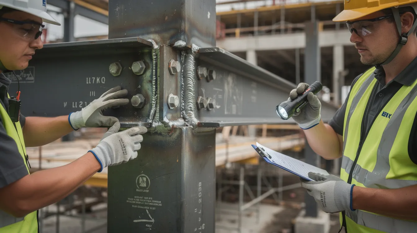 A close-up image shows workers inspecting welded steel beam connections on a commercial construction project, emphasizing quality control procedures to ensure compliance with construction quality standards. The scene highlights the importance of thorough inspections and quality assurance activities in maintaining high-quality outcomes throughout the project lifecycle.