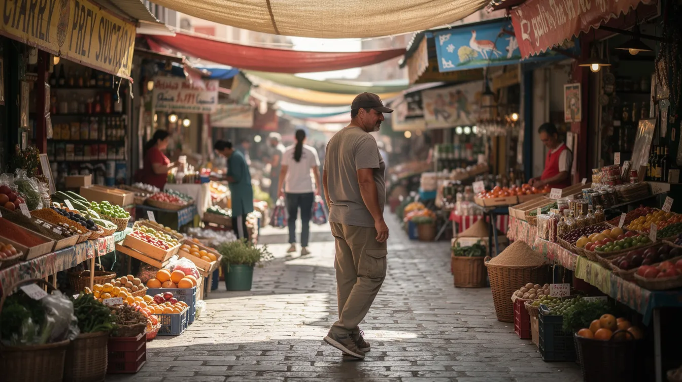 e4b7ba6e f666 473f a5f1 0cecc542dc03 A person is walking through a vibrant local market, observing various small shops that showcase a range of products and services. This scene reflects the entrepreneurial spirit of micro enterprises, highlighting the importance of local businesses in the community.