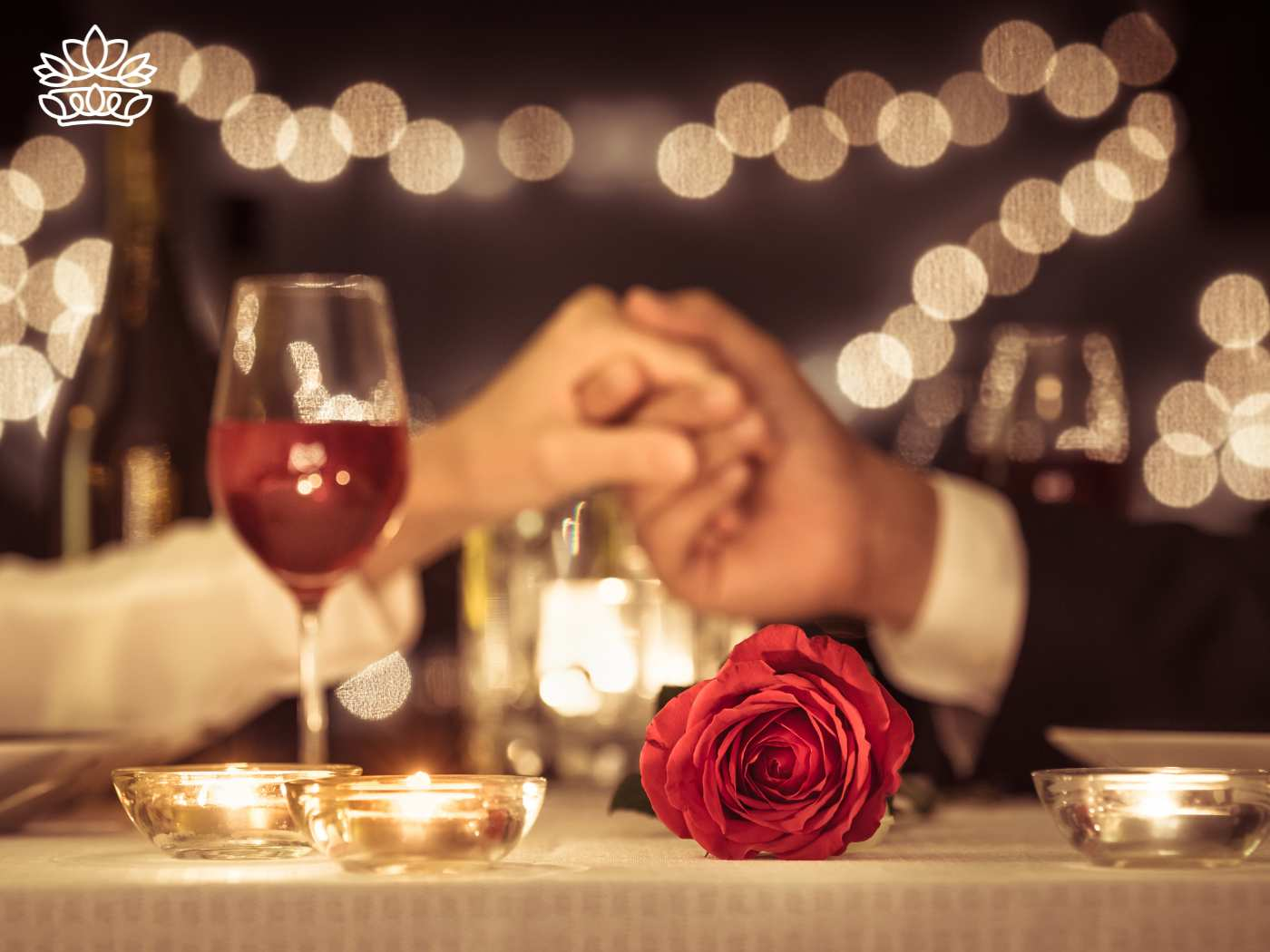 Romantic dinner setting for Valentine's Day with a couple holding hands over a candlelit table, a red rose and a glass of wine in the foreground, creating a warm, intimate atmosphere. Fabulous Flowers and Gifts. Delivered with Heart.