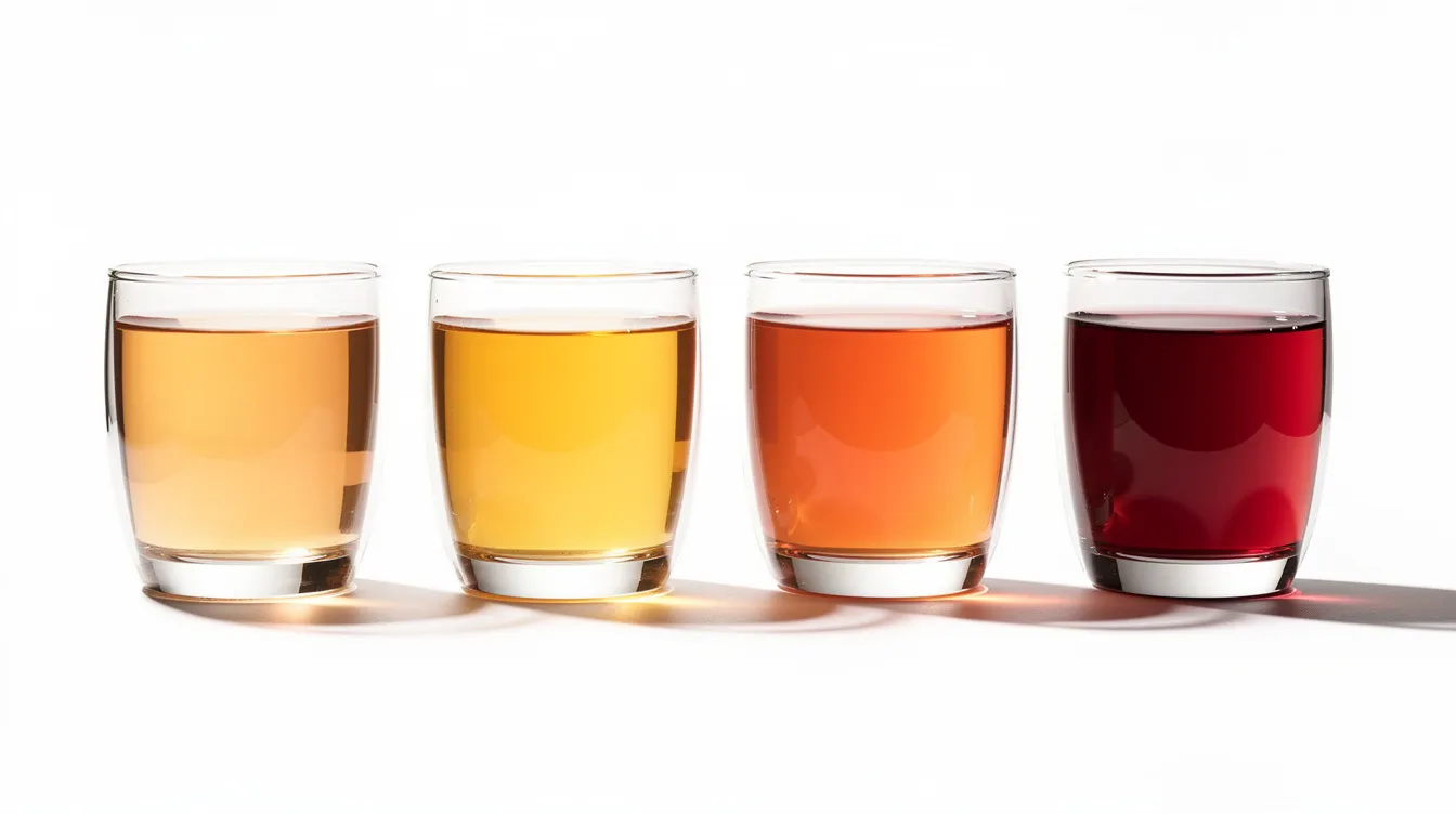 A collection of different caffeine-free soursop tea bags and other herbal infusions showing bright amber gold and deep red hues.
