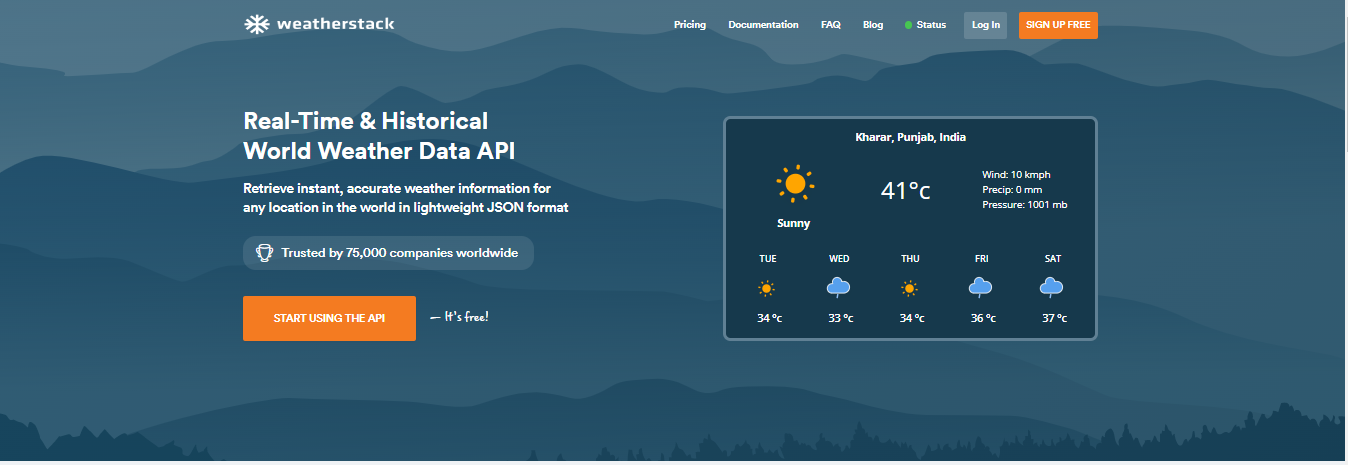 Weatherstack Home screen with weather parameters