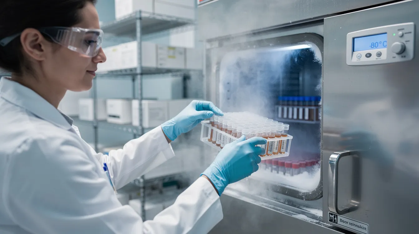 A laboratory scientist is carefully handling small vials stored in cold conditions, ensuring compliance with research protocols and performing security verification for the integrity of research chemicals like retatrutide. The scene emphasizes the importance of maintaining stability and quality in laboratory research use.