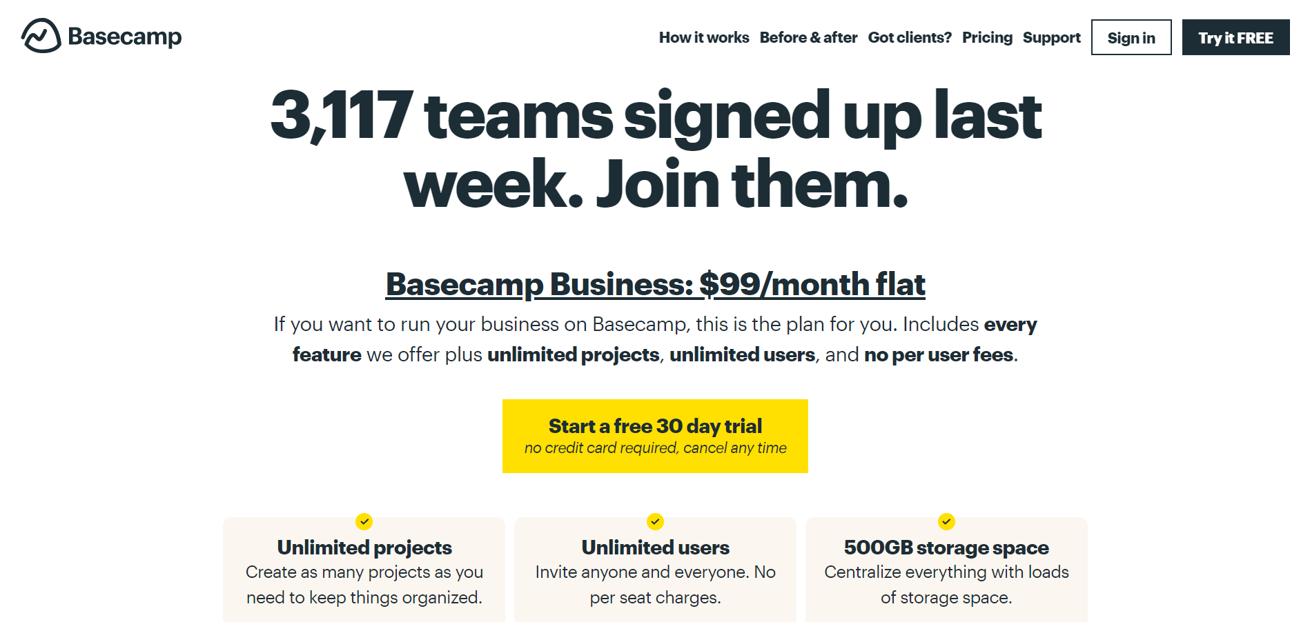 Basecamp pricing page