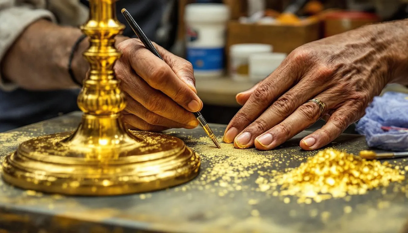 In der Detailaufnahme sind erfahrene Handwerkerhände zu sehen, die sorgfältig die filigrane Goldveredelung einer eleganten Tischlampe durchführen. Die Hände arbeiten präzise an den Materialien, um ein hochwertiges Design zu schaffen, das sowohl Stil als auch Atmosphäre in jeden Raum bringt.