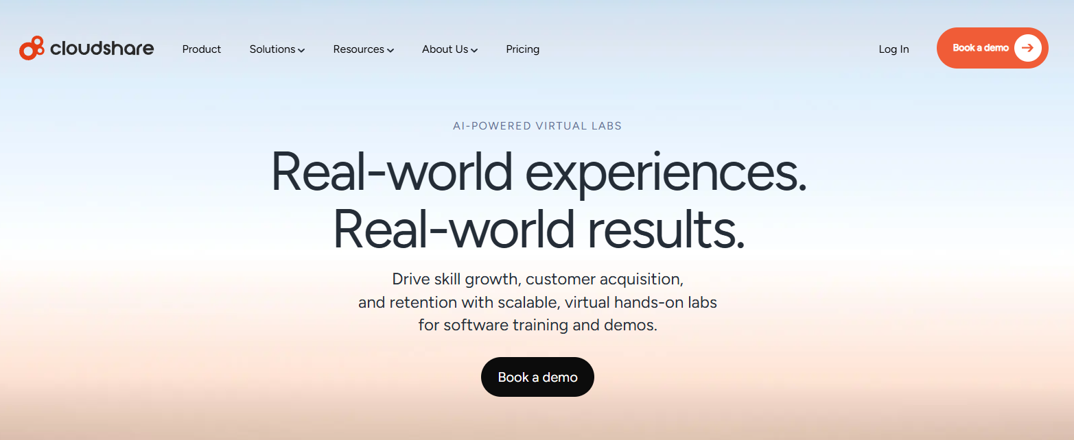 CloudShare homepage featuring AI-powered virtual labs for hands-on software training and technical skill development.