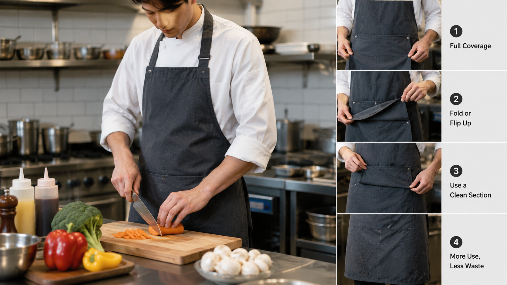 Four-way apron showing how the fabric can be folded or turned to expose a cleaner working section.