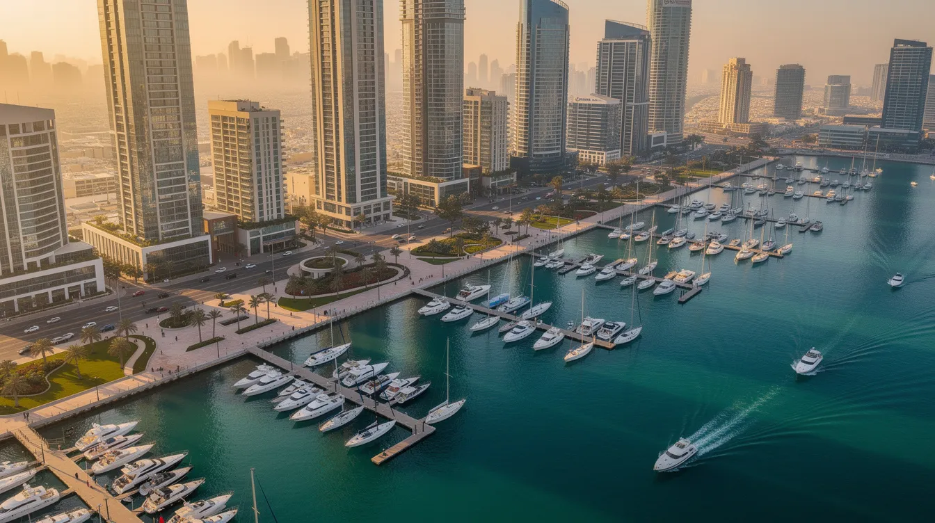 An aerial view captures a stunning modern waterfront marina district filled with luxurious yachts docked alongside sleek skyscrapers, all bathed in the warm glow of golden hour. This vibrant scene showcases the beauty of Dubai Marina, a key area accessible via Dubai's metro system, enhancing the city's appeal to visitors exploring major attractions.