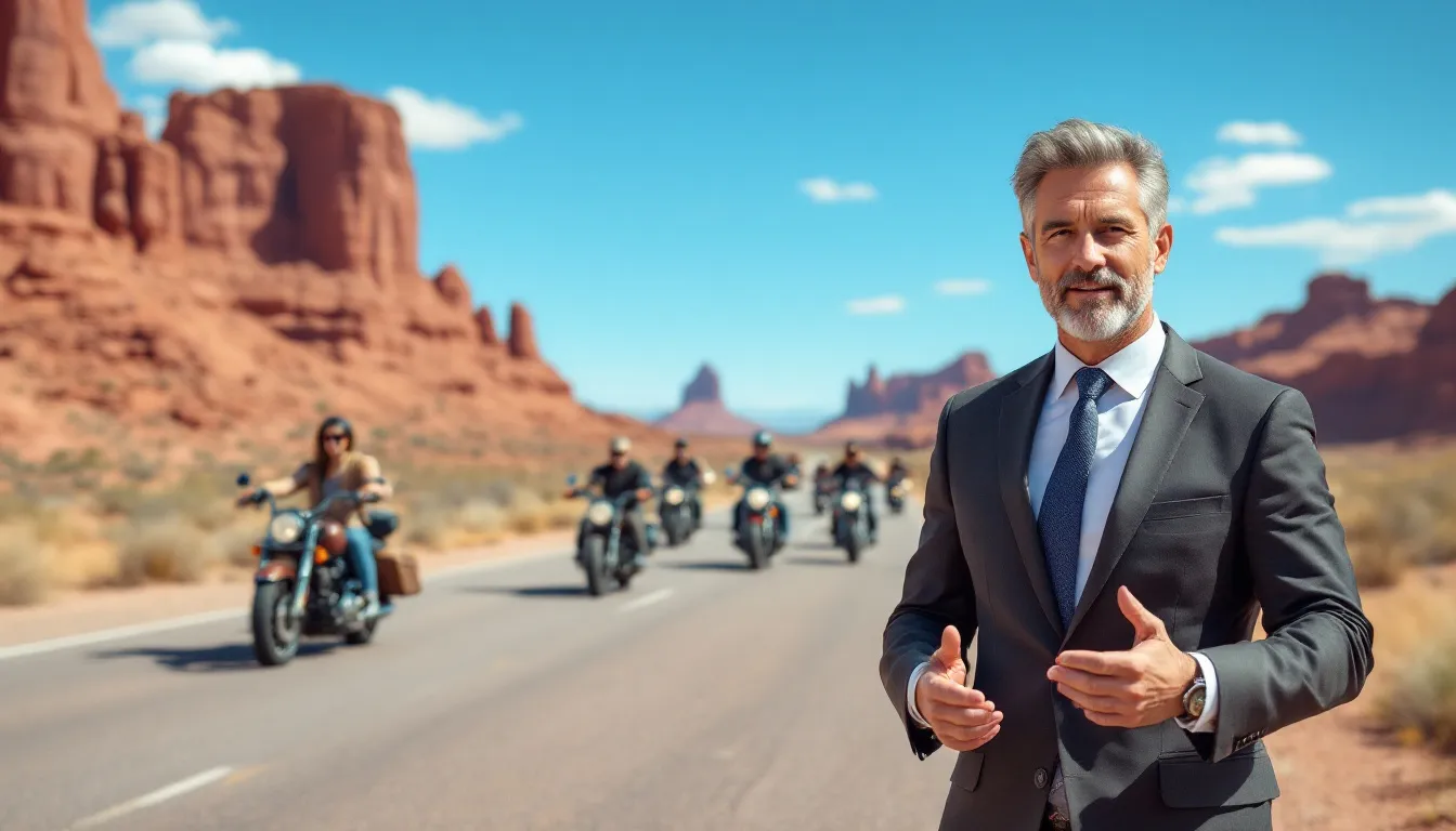 In the image, a confident attorney stands against a picturesque New Mexico landscape, celebrating successful motorcycle accident claims with happy clients riding their Harleys in the background. This scene embodies the commitment of motorcycle accident lawyers to secure fair compensation for accident victims while showcasing the beauty of New Mexico.