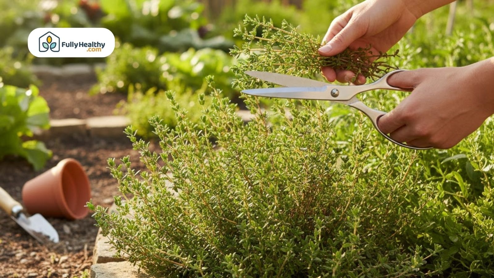 Harvesting fresh thyme from a garden plant using scissors.