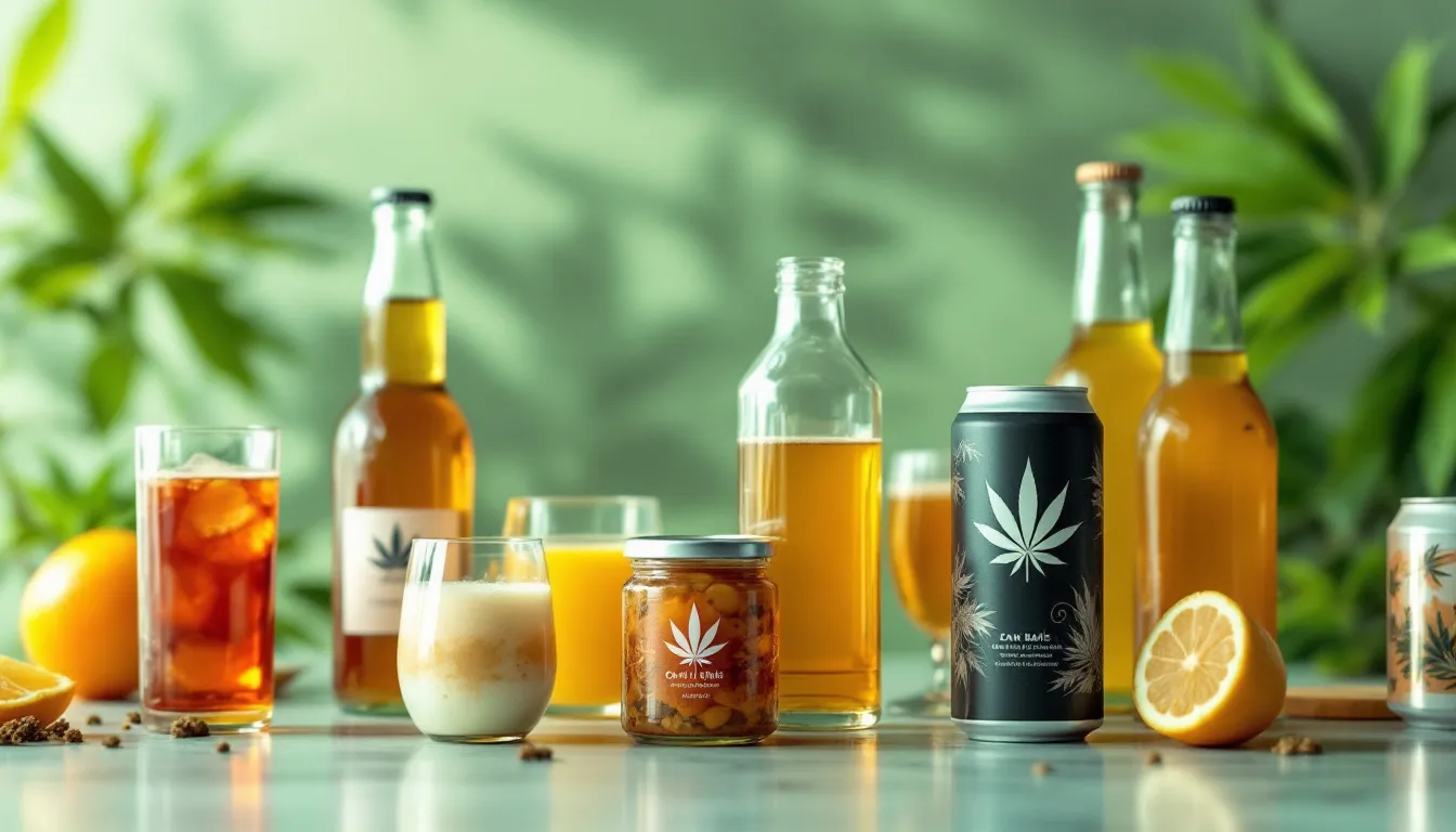 A blurred image of various cannabis infused beverages, highlighting their popularity as a healthier alternative to alcohol.