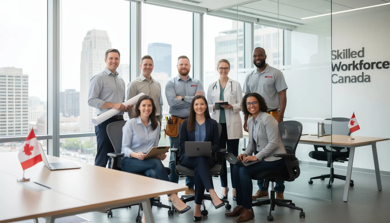 The image features a professional and diverse group of individuals in a modern Canadian office setting, symbolizing skilled workers contributing to Canada's economic growth. This representation aligns with the country's immigration system, highlighting the importance of permanent residents and temporary foreign workers in enhancing the labour market and supporting community development.