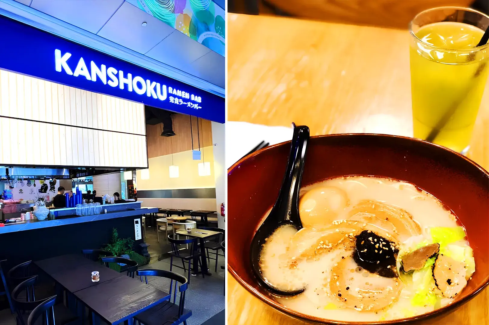 Kanshoku Ramen Bar Singapore storefront with creamy tonkotsu ramen bowl and modern casual dining atmosphere