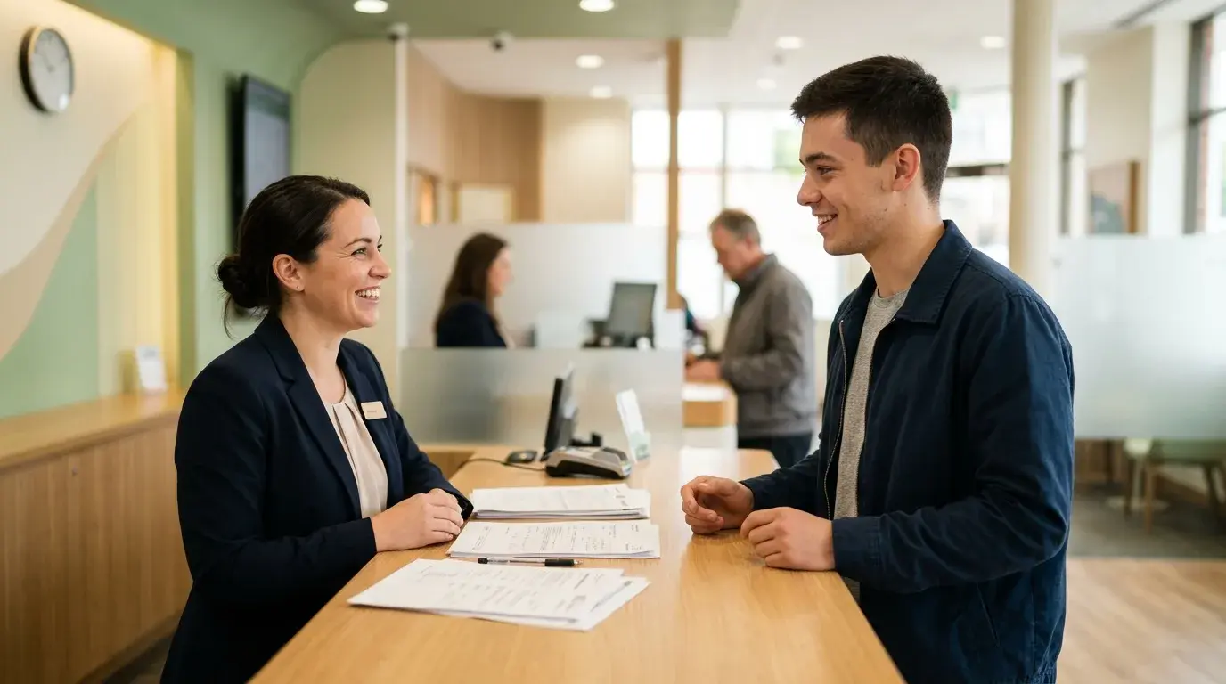 Student speaking with an adviser at a university international office desk